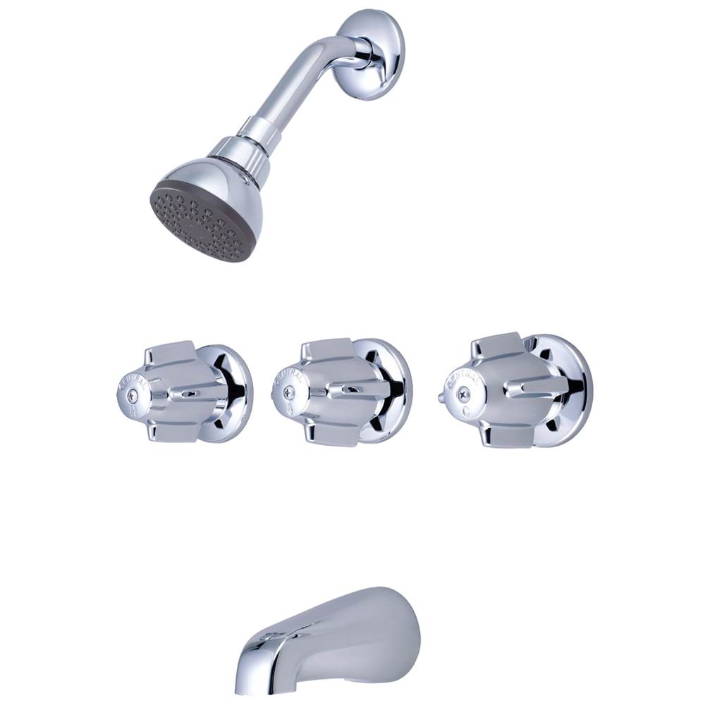 Central Brass Tub & Shower-3 Canopy Hdl 1/2'' Combo Union 11'' Cntrs Shwrhead Brass Spt Ceramic Cart-Pc