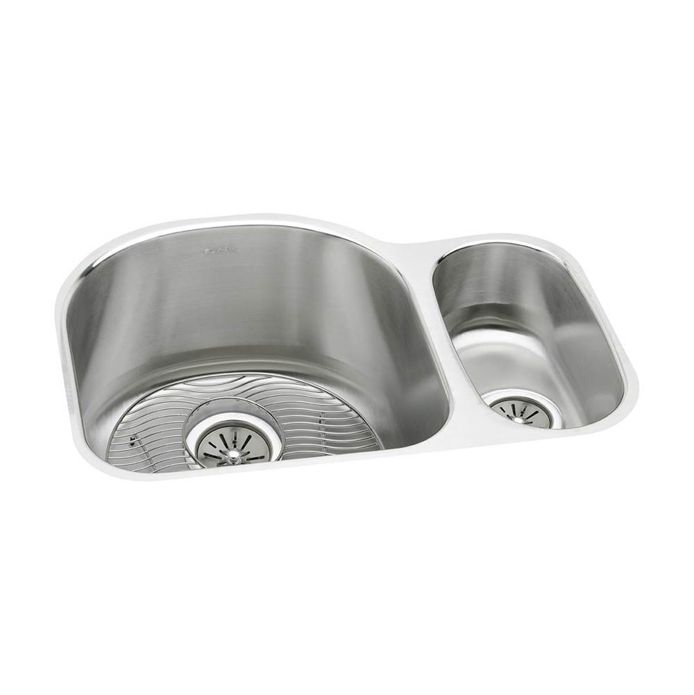Elkay Lustertone Classic Stainless Steel 26-3/4'' x 20'' x 10'', Offset 70/30 Double Bowl Undermount Sink Kit