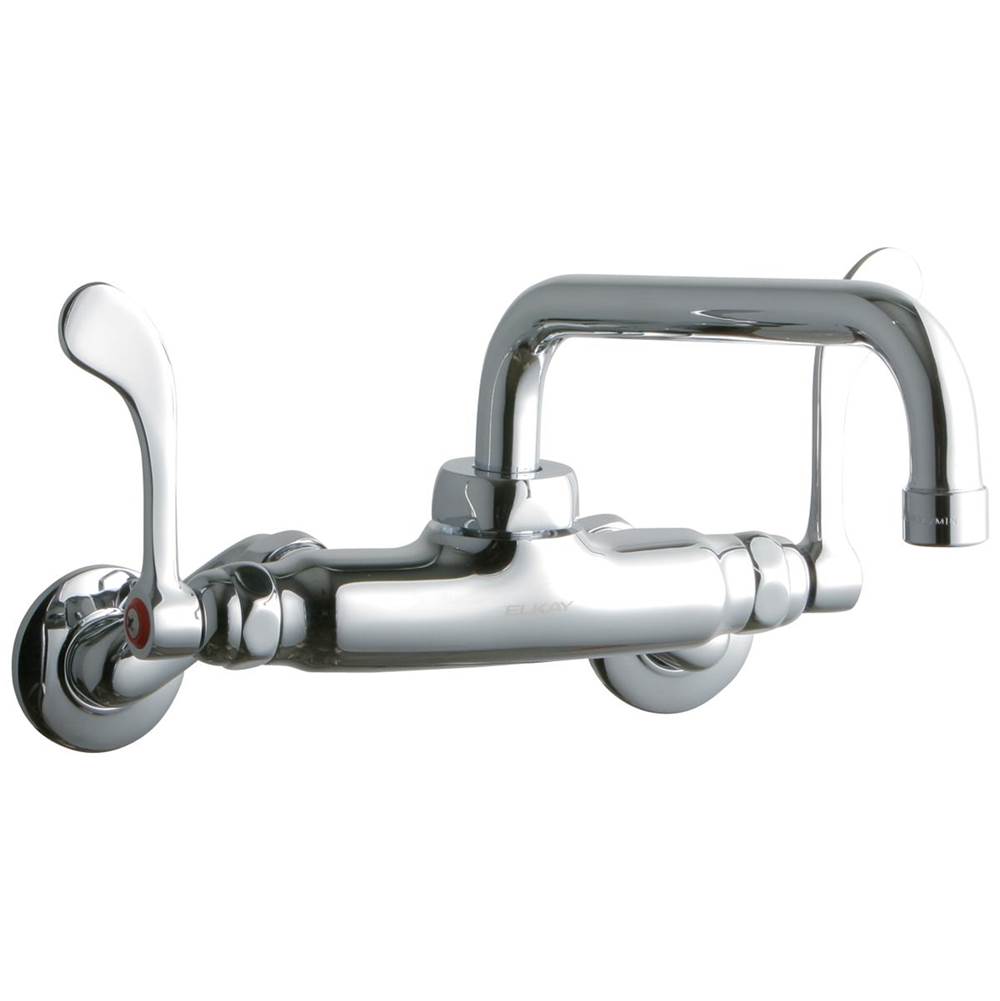 Elkay Foodservice 3-8'' Adjustable Centers Wall Mount Faucet w/8'' Tube Spout 4in Wristblade Handles 2in Inlet Chrome