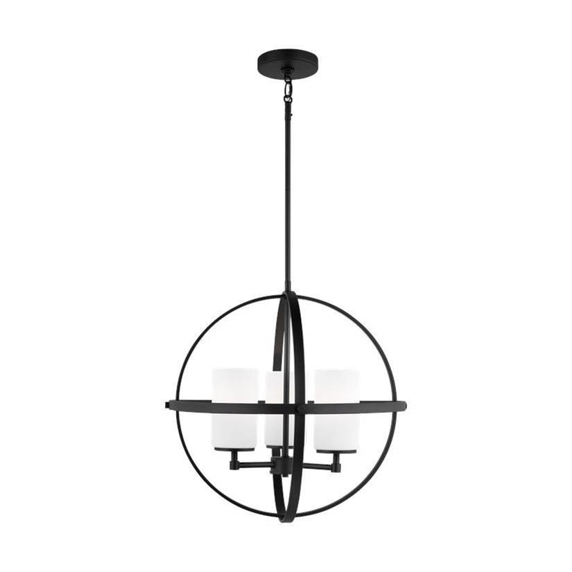 Generation Lighting Alturas Indoor Dimmable 3-Light Single Tier Chandelier In Midnight Black W/Spherical Steel Frame And Cylindrical Satin Etched White Glass Shades