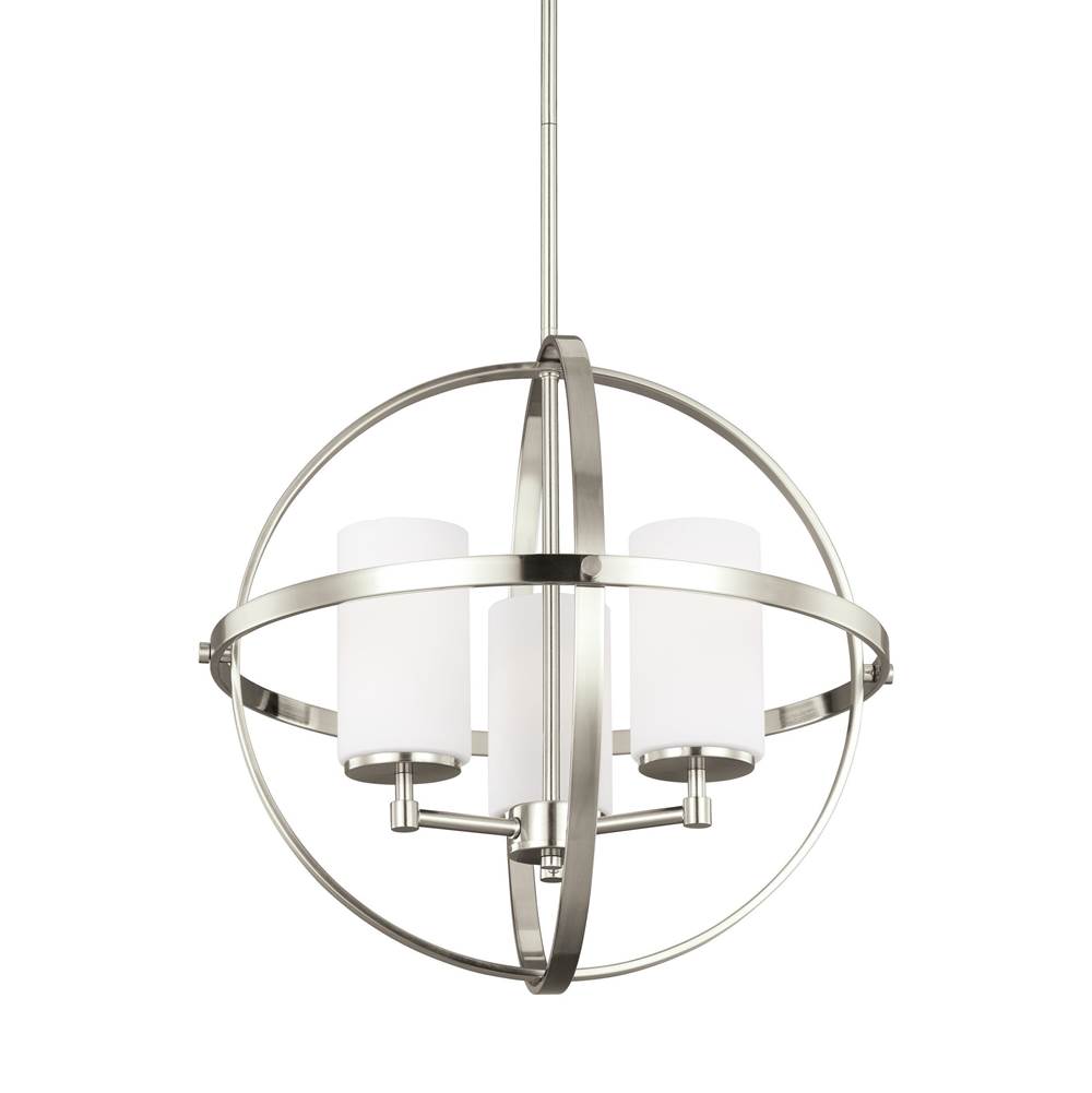 Generation Lighting Alturas Contemporary 3-Light Indoor Dimmable Ceiling Chandelier Pendant Light In Brushed Nickel Silver Finish W/Etched White Inside Glass Shades