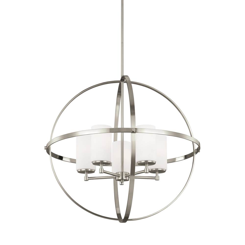 Generation Lighting Alturas Contemporary 5-Light Led Indoor Dimmable Ceiling Chandelier Pendant Light In Brushed Nickel Silver Finish W/Etched White Inside Glass Shades