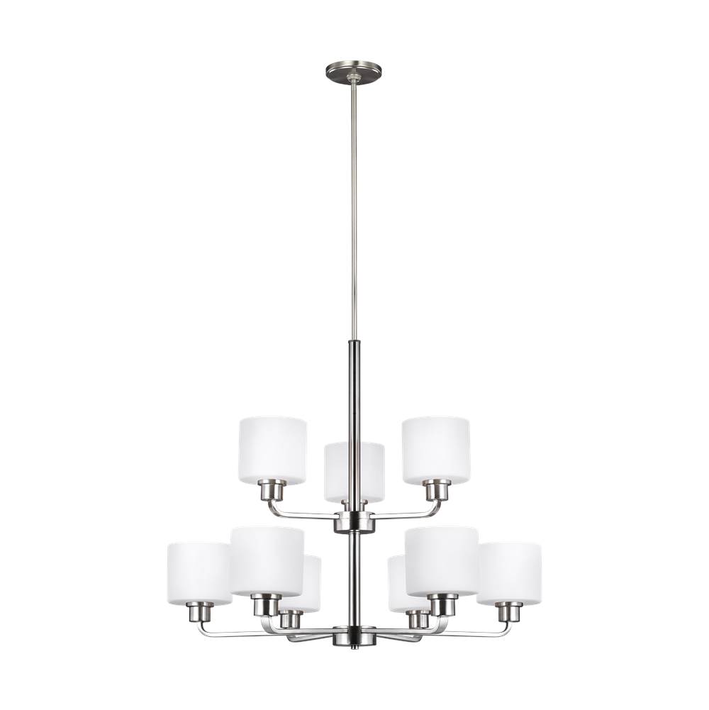 Generation Lighting Canfield Modern 9-Light Indoor Dimmable Ceiling Chandelier Pendant Light In Brushed Nickel Silver Finish With Etched White Inside Glass Shades