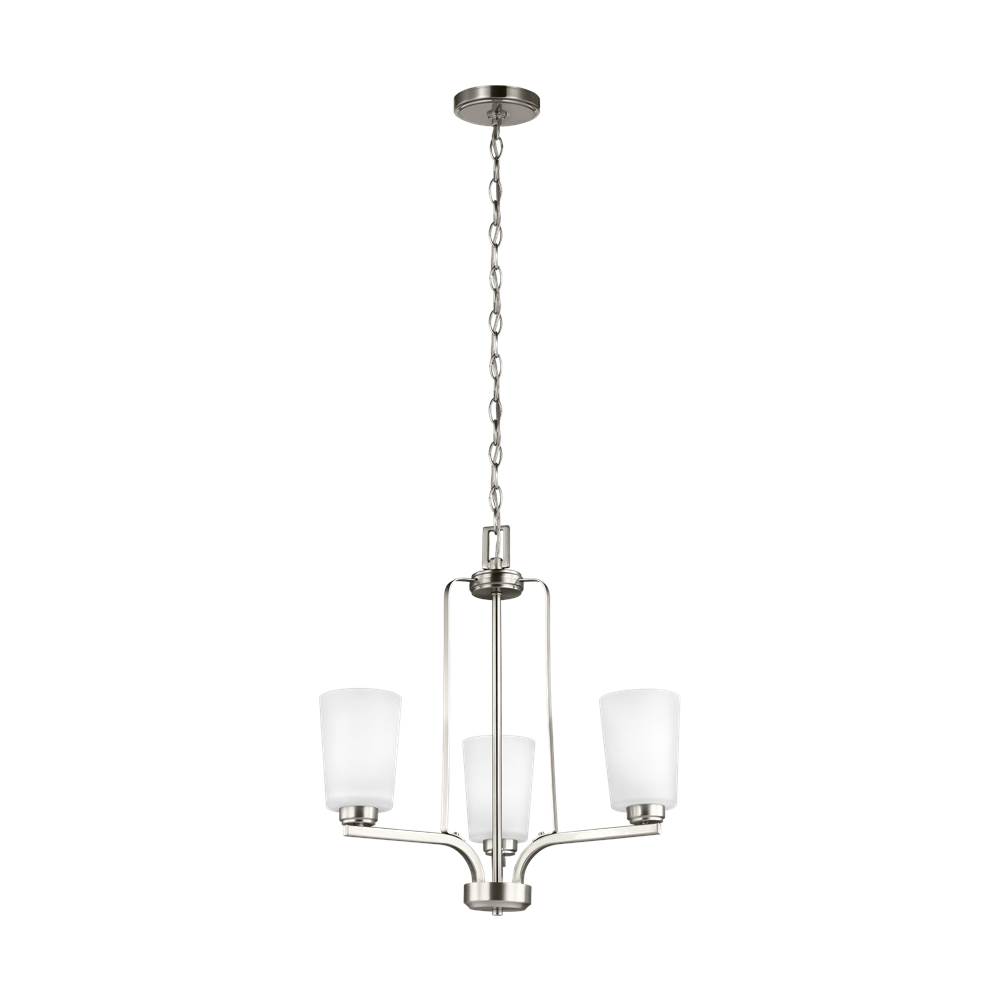 Generation Lighting Franport Transitional 3-Light Led Indoor Dimmable Ceiling Chandelier Pendant Light In Brushed Nickel Silver Finish With Etched White Glass Shades