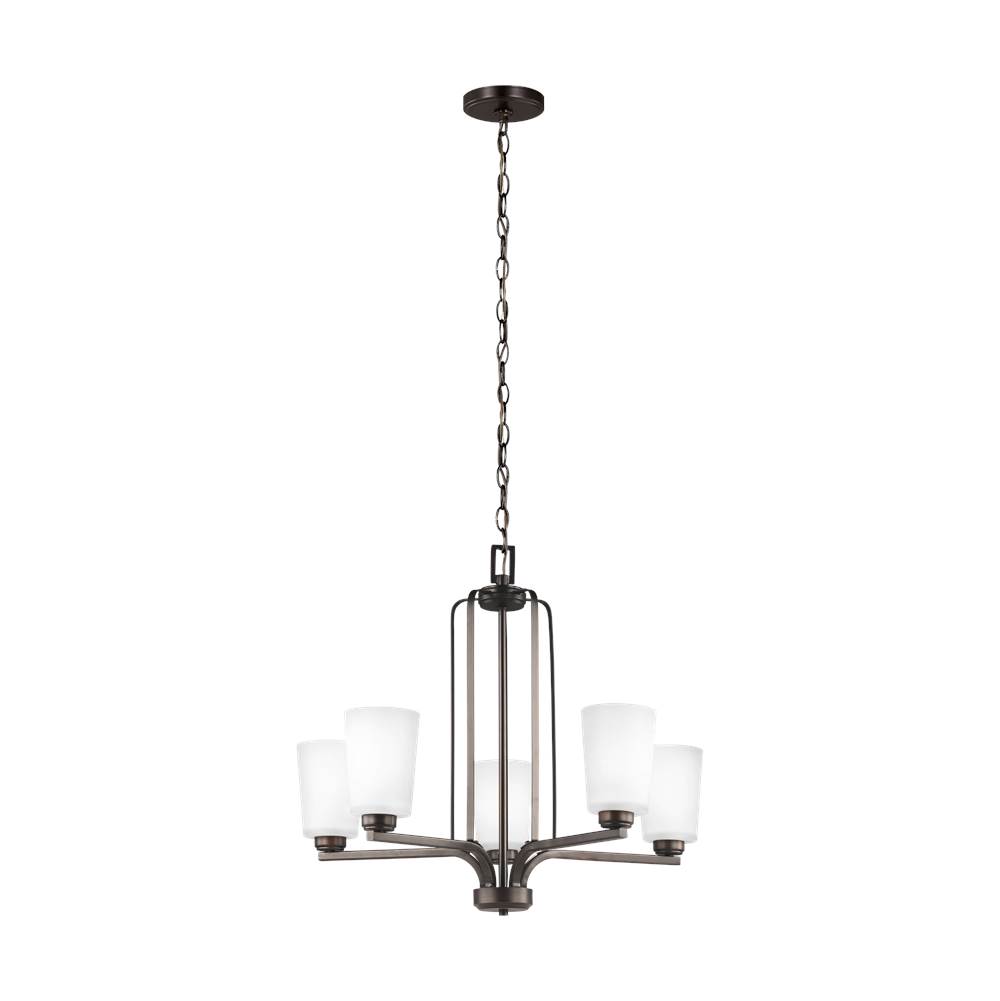 Generation Lighting Franport Transitional 5-Light Indoor Dimmable Ceiling Chandelier Pendant Light In Bronze Finish With Etched White Glass Shades