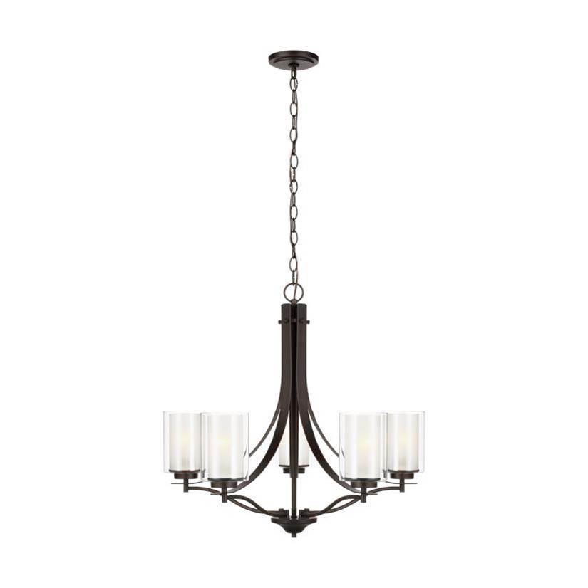 Generation Lighting Elmwood Park Traditional 5-Light Led Indoor Dimmable Ceiling Chandelier Pendant Light In Bronze W/Satin Etched Glass Shades And Clear Glass Shades