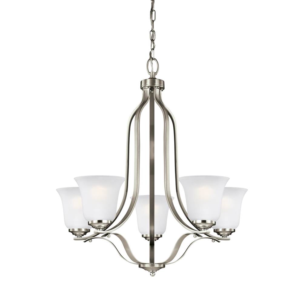 Generation Lighting Emmons Traditional 5-Light Led Indoor Dimmable Ceiling Chandelier Pendant Light In Brushed Nickel Silver Finish With Satin Etched Glass Shades