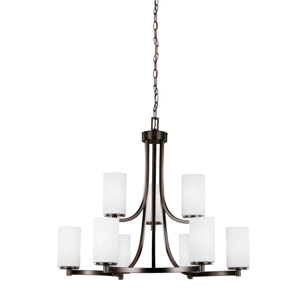 Generation Lighting Hettinger Transitional 9-Light Indoor Dimmable Ceiling Chandelier Pendant Light In Bronze Finish With Etched White Inside Glass Shades