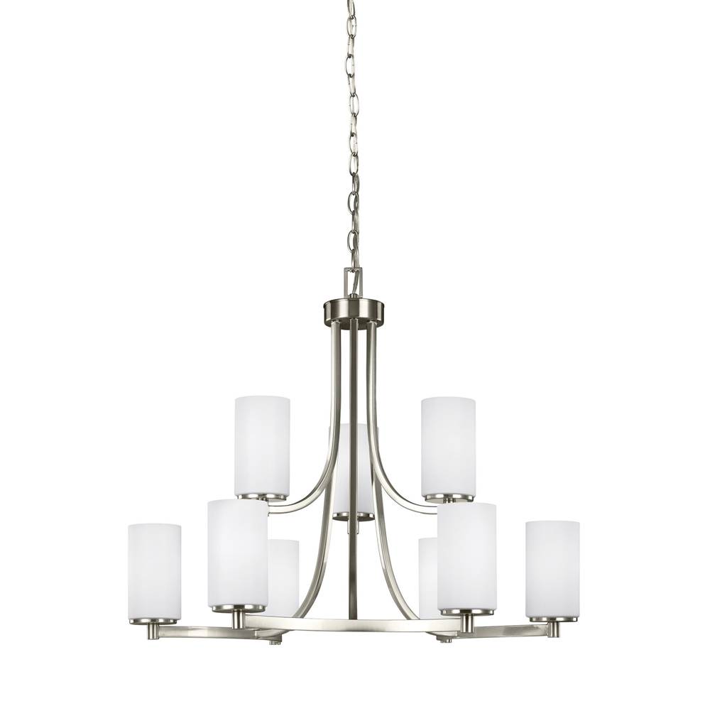 Generation Lighting Hettinger Transitional 9-Light Led Indoor Dimmable Ceiling Chandelier Pendant Light In Brushed Nickel Silver Finish W/Etched White Inside Glass Shades