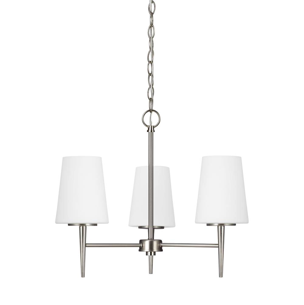 Generation Lighting Driscoll Contemporary 3-Light Indoor Dimmable Ceiling Chandelier Pendant Light In Brushed Nickel Silver Finish With Cased Opal Etched Glass