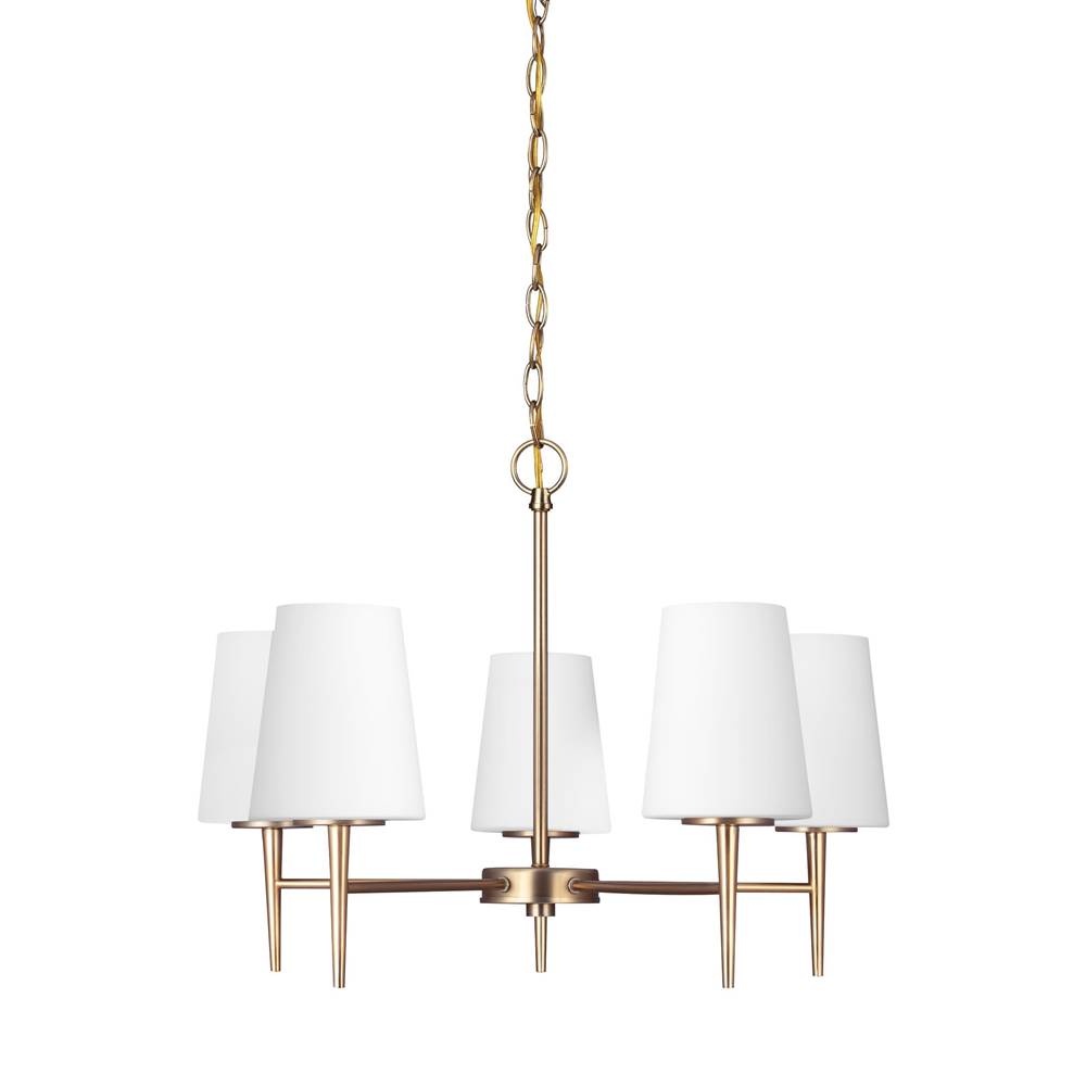 Generation Lighting Driscoll Contemporary 5-Light Indoor Dimmable Ceiling Chandelier Pendant Light In Satin Brass Gold Finish With Cased Opal Etched Glass