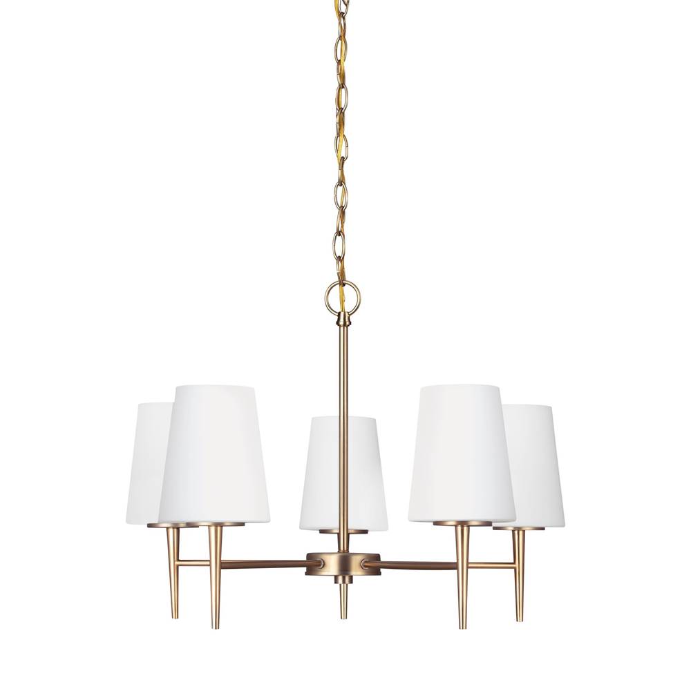 Generation Lighting Driscoll Contemporary 5-Light Led Indoor Dimmable Ceiling Chandelier Pendant Light In Satin Brass Gold Finish With Cased Opal Etched Glass