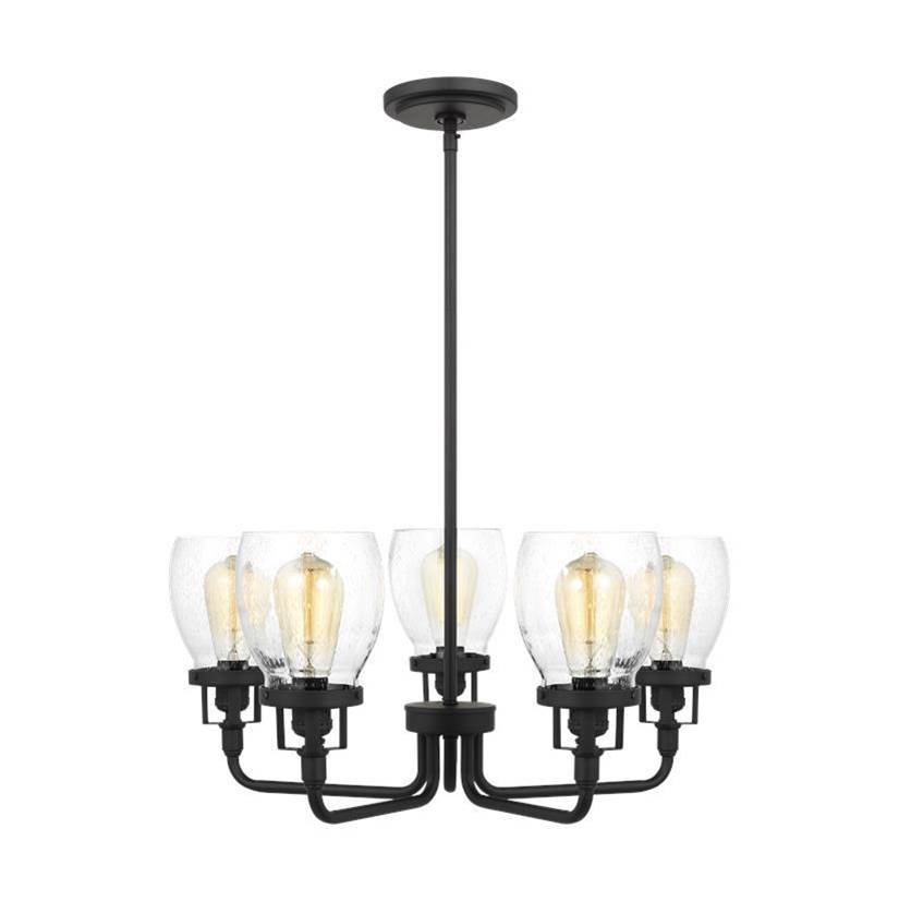 Generation Lighting Belton Transitional 5-Light Indoor Dimmable Ceiling Up Chandelier Pendant Light In Midnight Black Finish With Clear Seeded Glass Shades