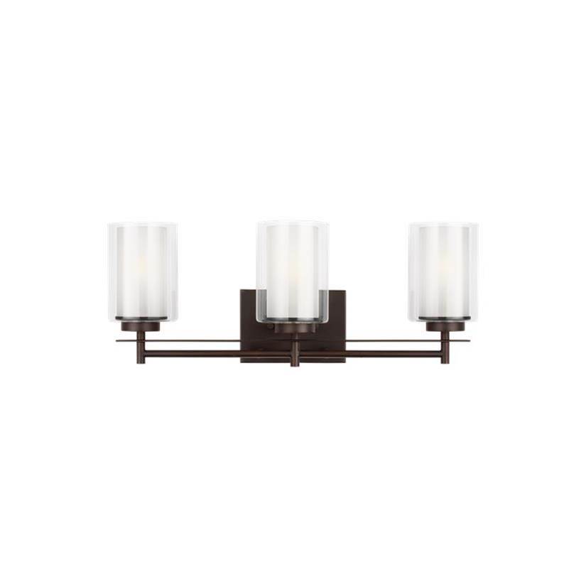 Generation Lighting Elmwood Park Traditional 3-Light Indoor Dimmable Bath Vanity Wall Sconce In Bronze Finish With Satin Etched Glass Shades And Clear Glass Shades