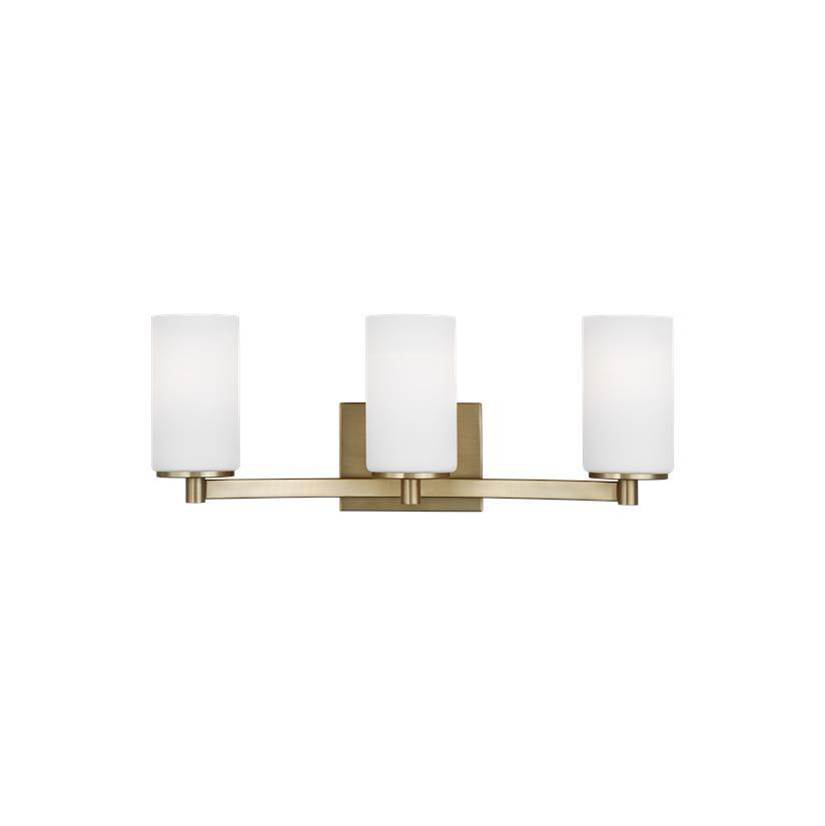 Generation Lighting Hettinger Traditional Indoor Dimmable 3-Light Wall Bath Sconce In A Satin Brass Finish With Etched White Glass Shades