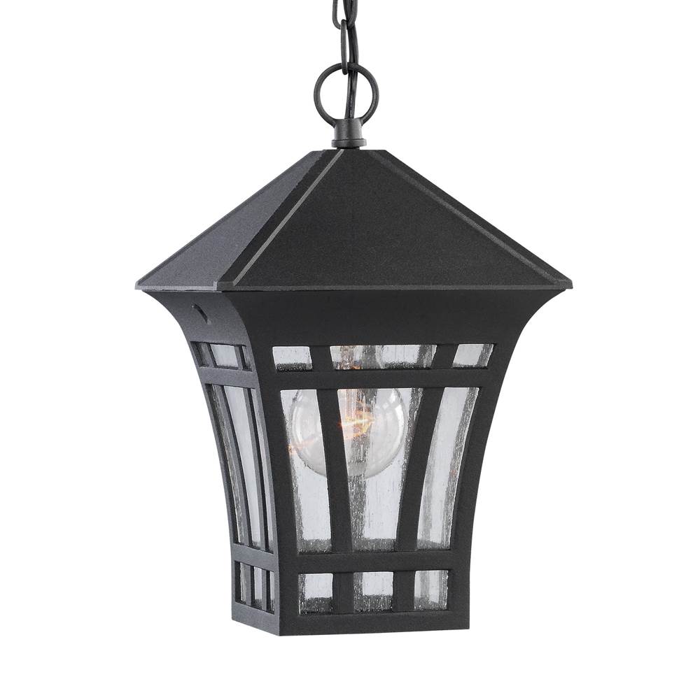 Generation Lighting Herrington Transitional 1-Light Outdoor Exterior Hanging Ceiling Pendant In Black Finish With Clear Seeded Glass Panels