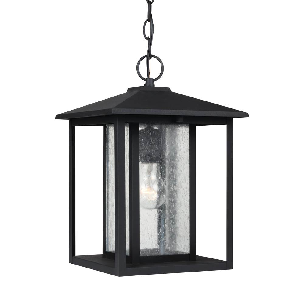 Generation Lighting Hunnington Contemporary 1-Light Outdoor Exterior Pendant In Black Finish With Clear Seeded Glass Panels