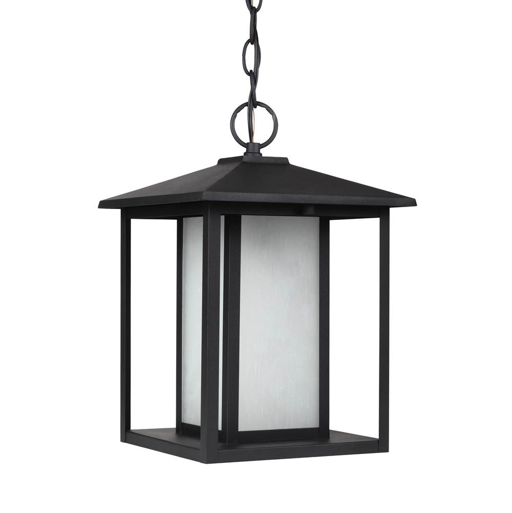Generation Lighting Hunnington Contemporary 1-Light Outdoor Exterior Pendant In Black Finish With Etched Seeded Glass Panels