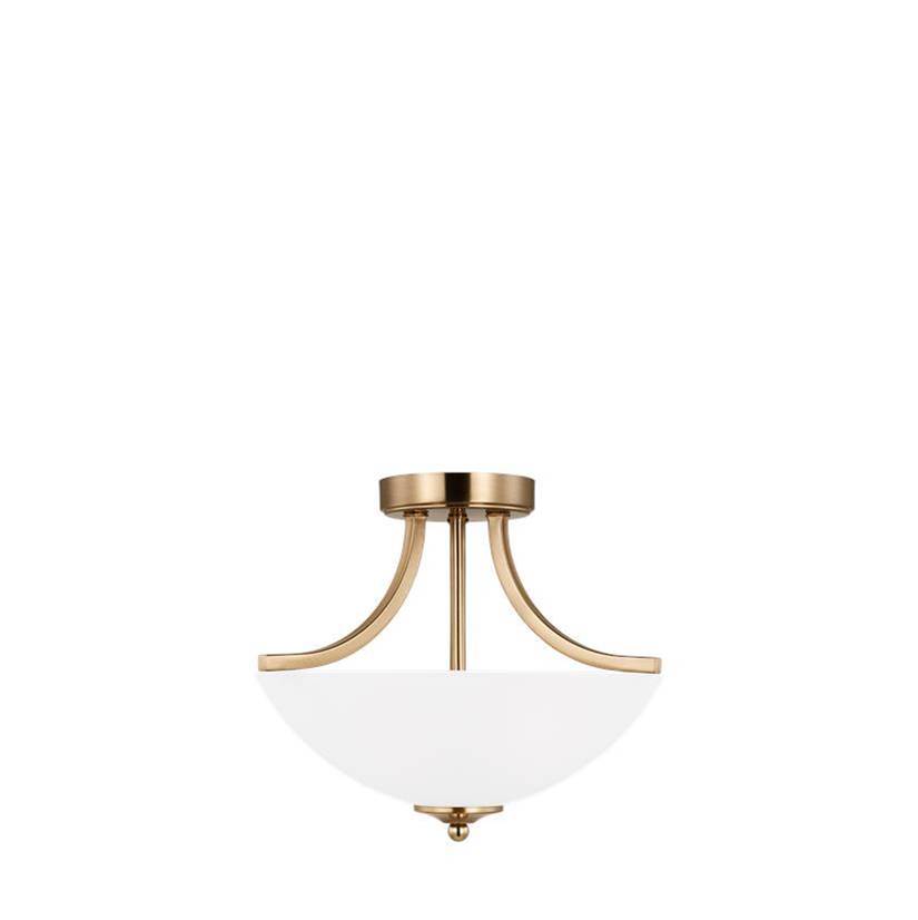 Generation Lighting Geary Traditional Indoor Dimmable Small 2-Light Satin Brass Finish Semi-Flush Convertible Pendant With A Satin Etched Glass Shade