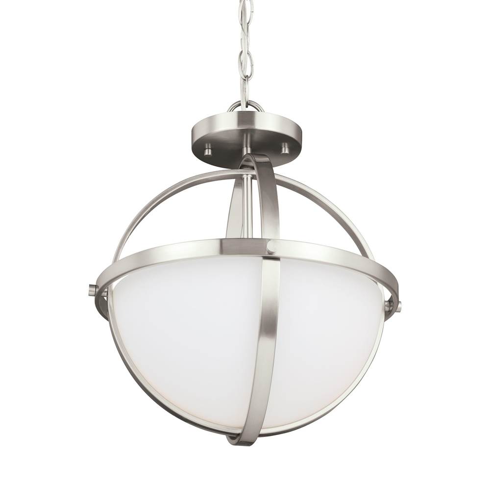 Generation Lighting Alturas Contemporary 2-Light Led Indoor Dimmable Ceiling Semi-Flush Mount In Brushed Nickel Silver Finish With Etched White Inside Glass Shade
