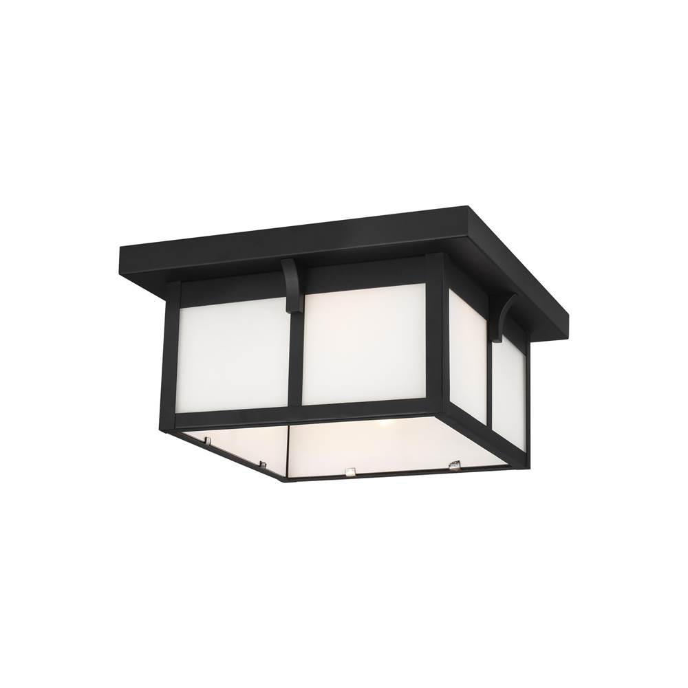 Generation Lighting Tomek Modern 2-Light Led Outdoor Exterior Ceiling Flush Mount In Black Finish With Etched White Glass Panels