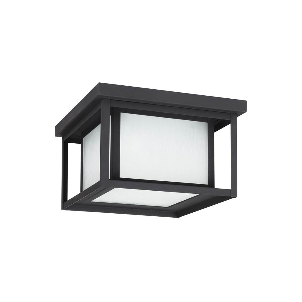 Generation Lighting Hunnington Contemporary 2-Light Led Outdoor Exterior Ceiling Flush Mount In Black Finish With Etched Seeded Glass Panels
