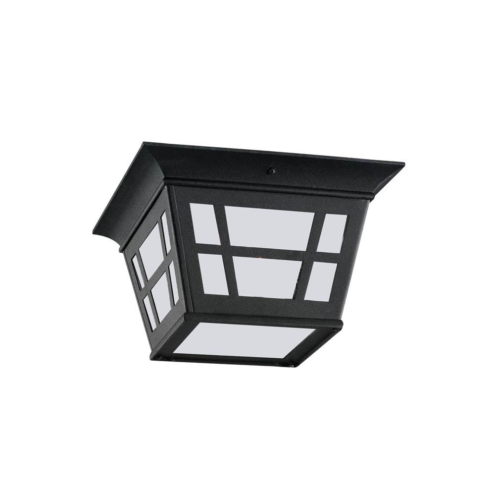 Generation Lighting Herrington Transitional 2-Light Led Outdoor Exterior Ceiling Flush Mount In Black Finish With Etched White Glass Panels