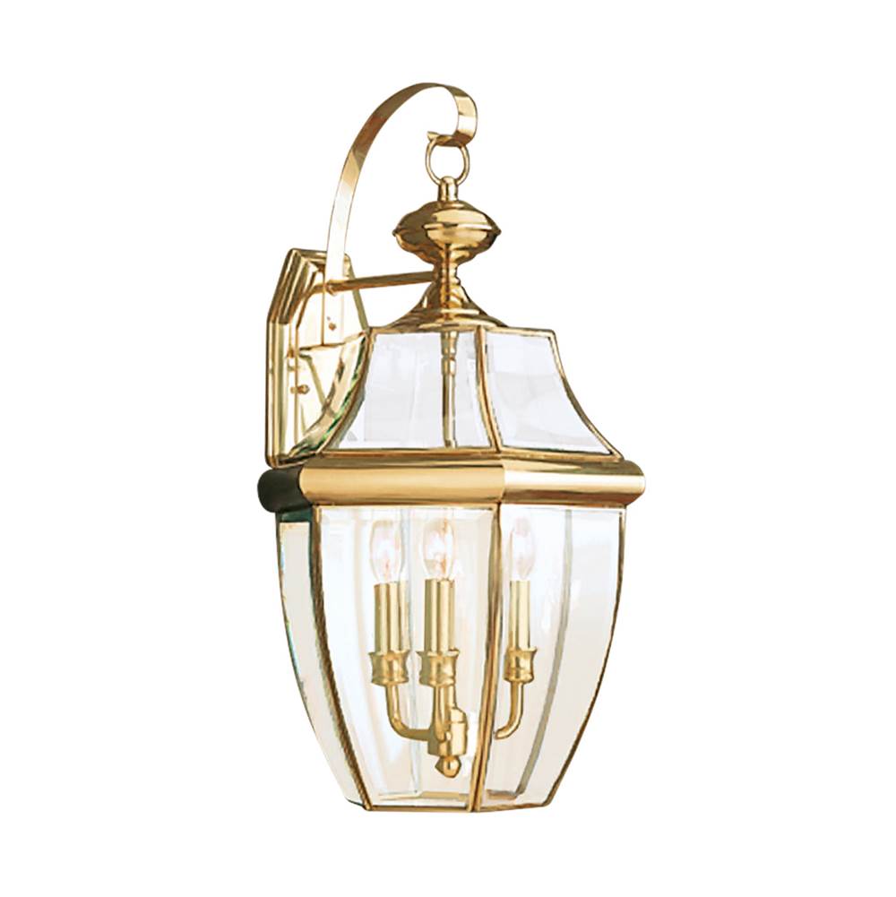 Generation Lighting Lancaster Traditional 3-Light Led Outdoor Exterior Wall Lantern Sconce In Polished Brass Gold Finish With Clear Curved Beveled Glass Shade
