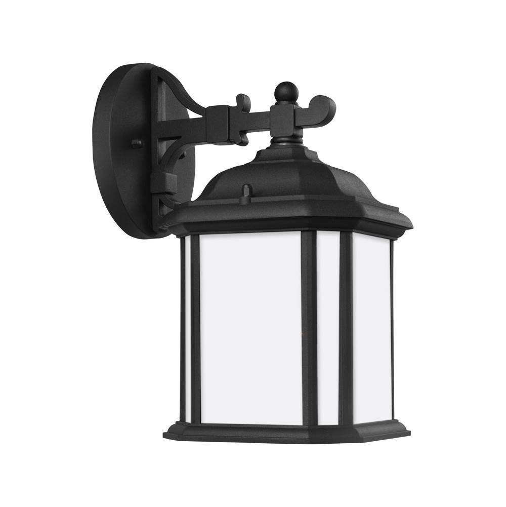 Generation Lighting Kent Traditional 1-Light Outdoor Exterior Small Wall Lantern Sconce In Black Finish With Satin Etched Glass Panels