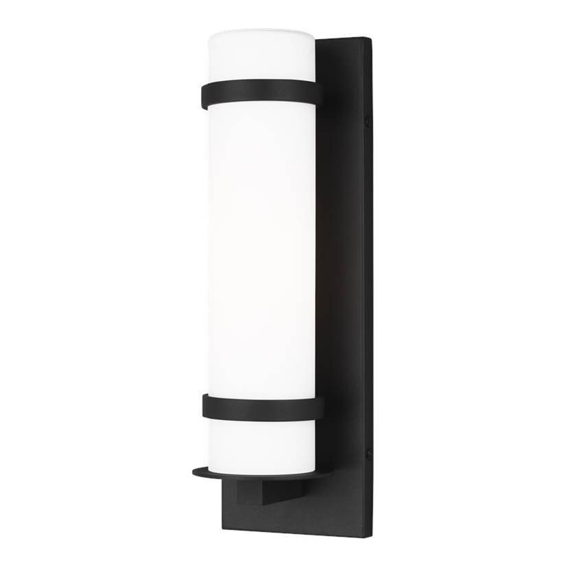 Generation Lighting Alban Modern 1-Light Led Outdoor Exterior Small Round Wall Lantern Sconce In Black Finish With Etched Opal Glass Shade