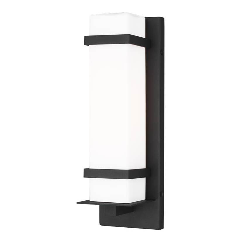 Generation Lighting Alban Modern 1-Light Led Outdoor Exterior Small Square Wall Lantern Sconce In Black Finish With Etched Opal Glass Shade