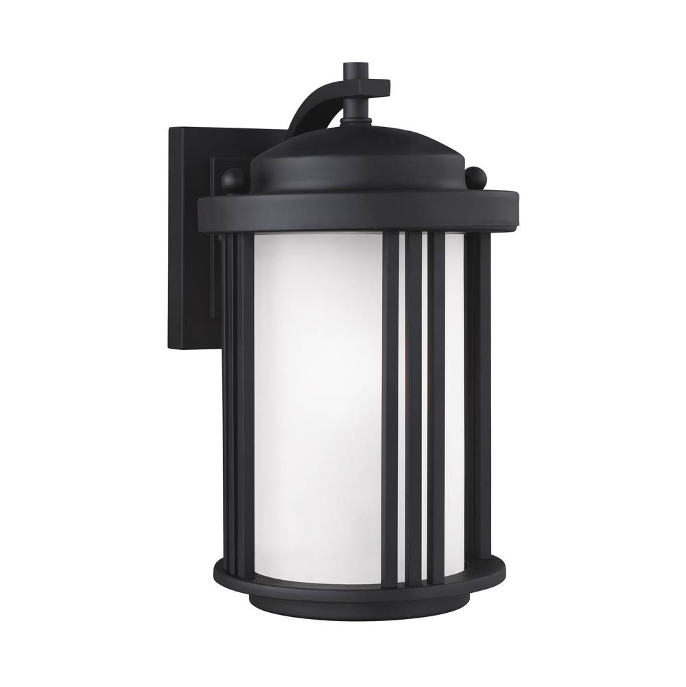 Generation Lighting Crowell Contemporary 1-Light Outdoor Exterior Small Wall Lantern Sconce In Black Finish With Satin Etched Glass Shade