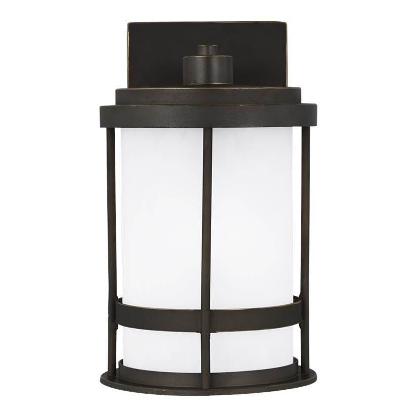 Generation Lighting Wilburn Modern 1-Light Outdoor Exterior Dark Sky Compliant Small Wall Lantern Sconce In Antique Bronze Finish With Satin Etched Glass Shade