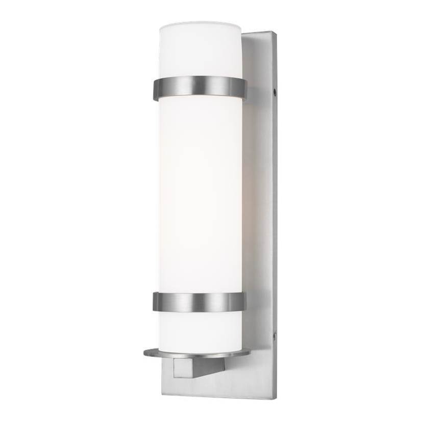 Generation Lighting Alban Modern 1-Light Led Outdoor Exterior Medium Round Wall Lantern Sconce In Satin Aluminum Silver Finish With Etched Opal Glass Shade