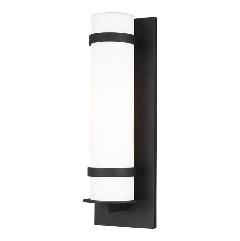 Generation Lighting Alban Modern 1-Light Led Outdoor Exterior Large Round Wall Lantern Sconce In Black Finish With Etched Opal Glass Shade