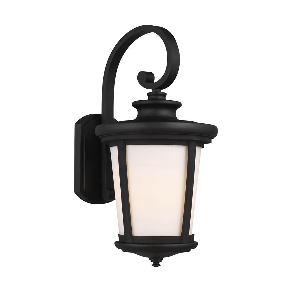 Generation Lighting Eddington Modern 1-Light Outdoor Exterior Large Wall Lantern Sconce In Black Finish With Cased Opal Etched Glass Panel
