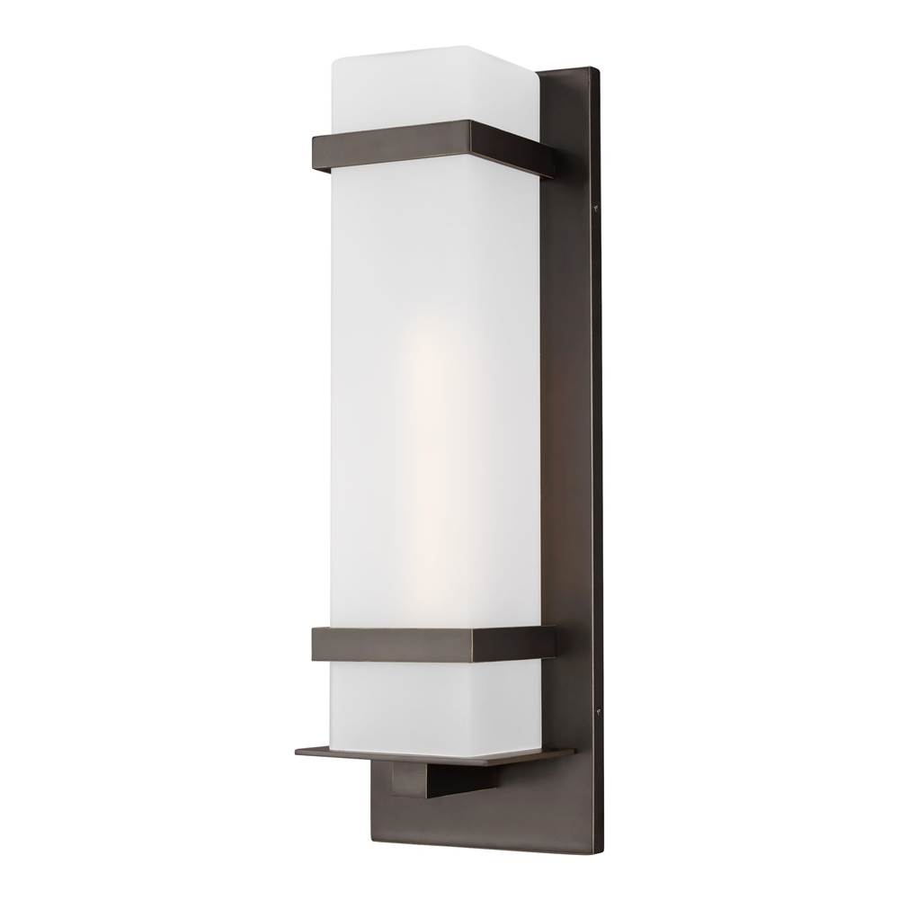 Generation Lighting Alban Modern 1-Light Outdoor Exterior Large Square Wall Lantern In Antique Bronze Finish With Etched Opal Glass Shade