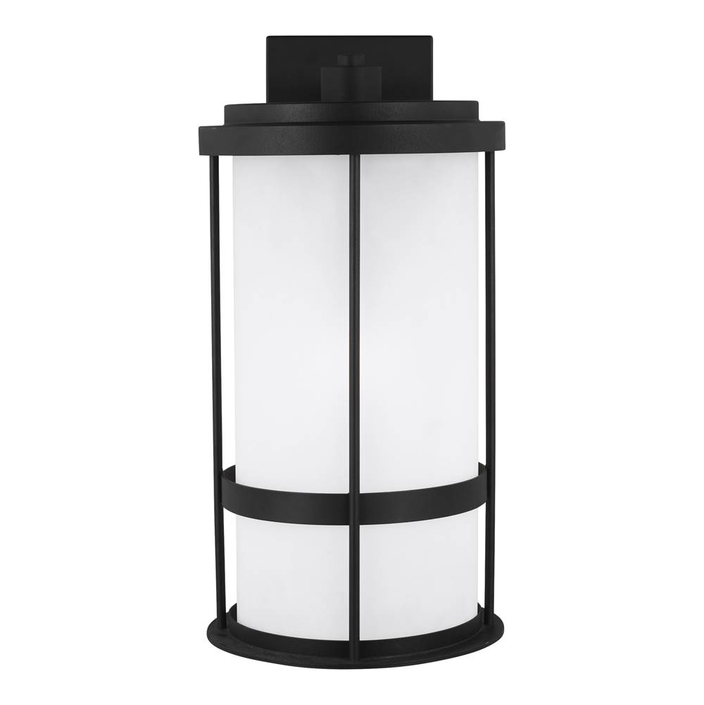 Generation Lighting Wilburn Modern 1-Light Outdoor Exterior Dark Sky Compliant Large Wall Lantern Sconce In Black Finish With Satin Etched Glass Shade