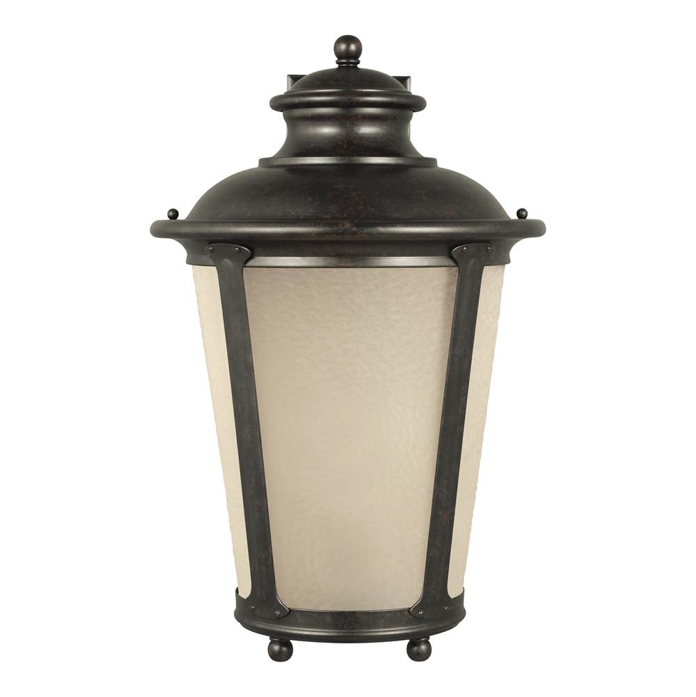 Generation Lighting Cape May Traditional 1-Light Outdoor Exterior Extra Large Wall Lantern Sconce In Burled Iron Grey Finish With Etched Light Amber Glass Shade