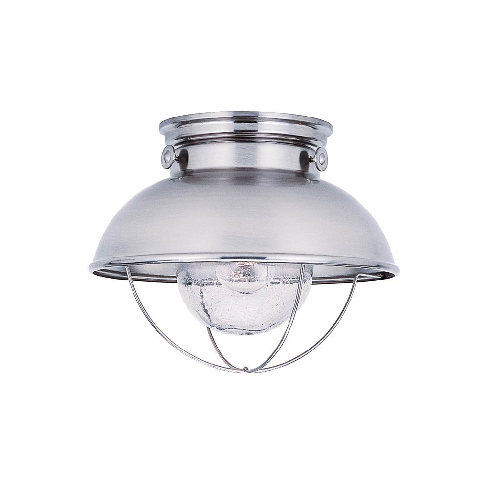 Generation Lighting Sebring Transitional 1-Light Outdoor Exterior Ceiling Flush Mount In Brushed Stainless Silver Finish With Clear Seeded Glass Diffuser
