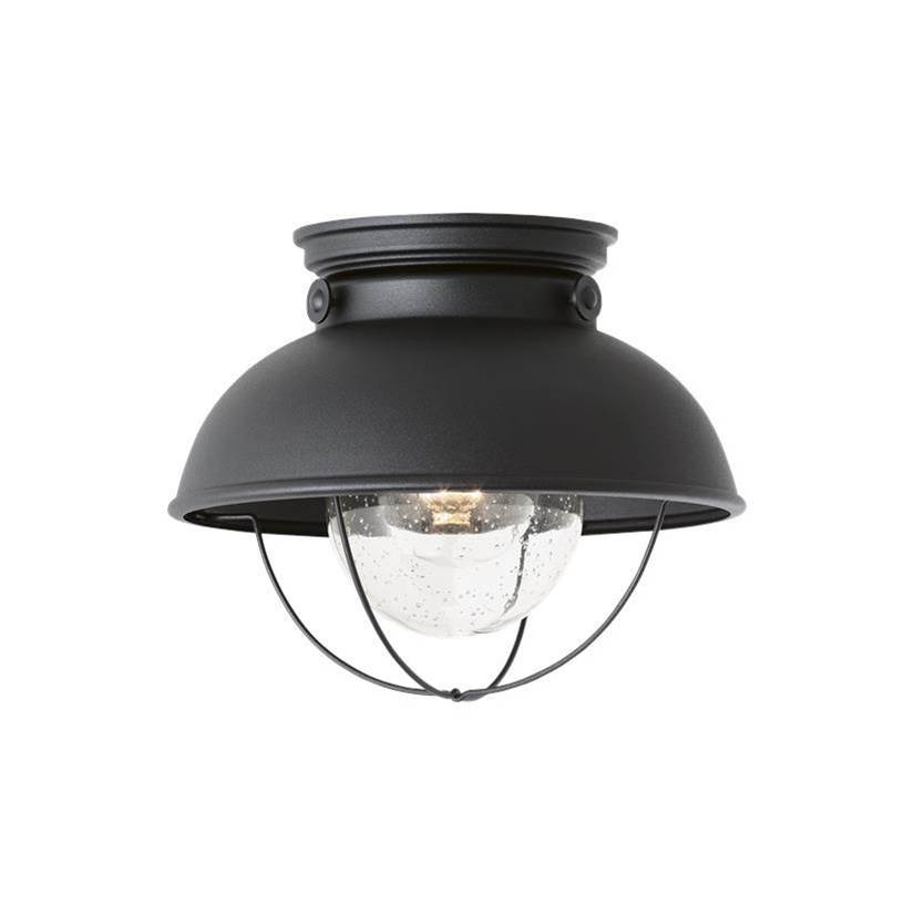 Generation Lighting Sebring Transitional 1-Light Led Outdoor Exterior Ceiling Flush Mount In Black Finish With Clear Seeded Glass Diffuser