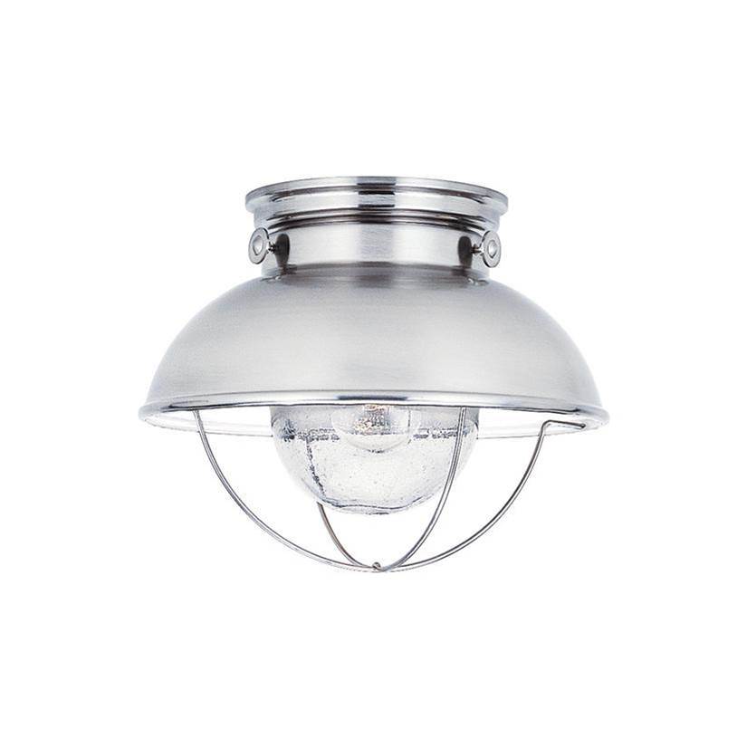 Generation Lighting Sebring Transitional 1-Light Led Outdoor Exterior Ceiling Flush Mount In Brushed Stainless Silver Finish With Clear Seeded Glass Diffuser