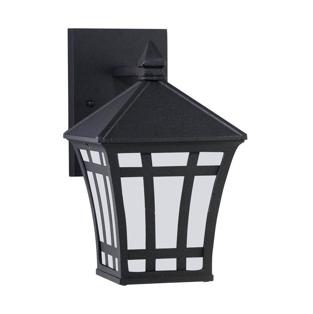 Generation Lighting Herrington Transitional 1-Light Outdoor Exterior Small Wall Lantern Sconce In Black Finish With Etched White Glass Panels