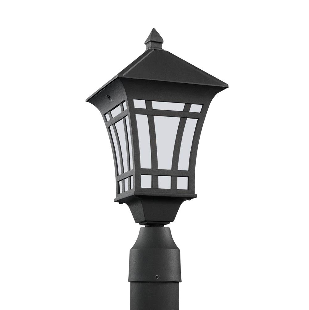 Generation Lighting Herrington Transitional 1-Light Outdoor Exterior Post Lantern In Black Finish With Etched White Glass Panels