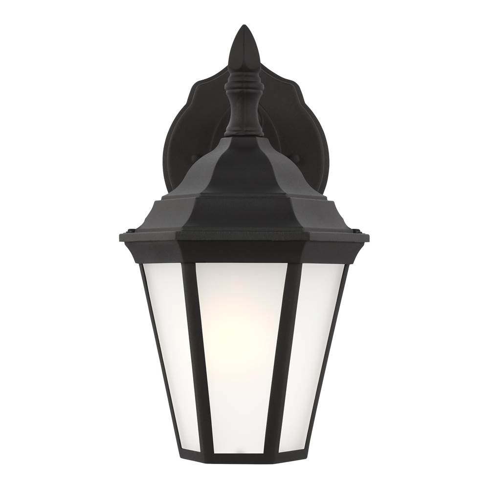 Generation Lighting Bakersville Traditional 1-Light Led Outdoor Exterior Small Wall Lantern Sconce In Black Finish With Satin Etched Glass Panels