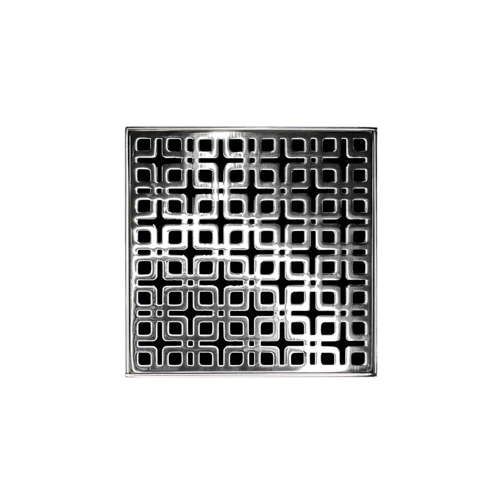 Infinity Drain 5'' x 5'' KDB 5 Complete Kit with Link Pattern Decorative Plate in Polished Stainless with ABS Bonded Flange Drain Body, 2'', 3'' and 4'' Outlet