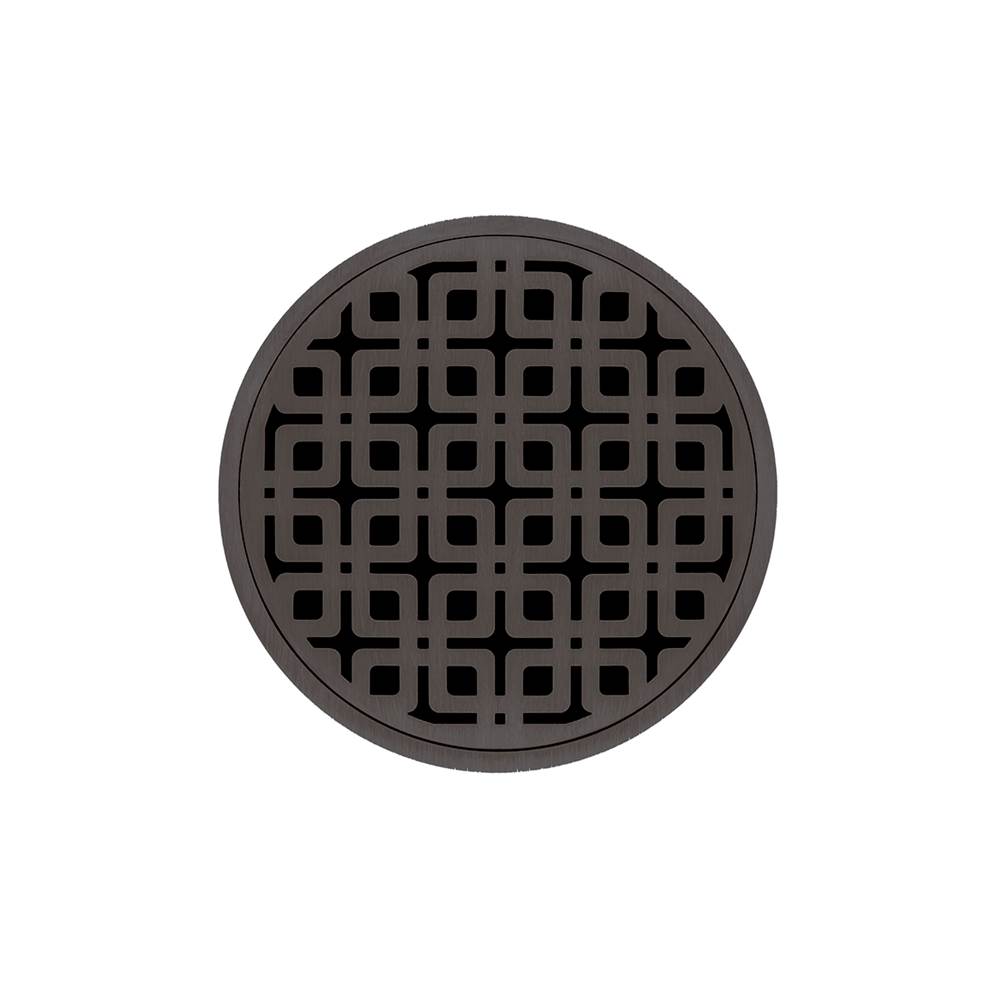 Infinity Drain 5'' Round RKDB 5 Complete Kit with Link Pattern Decorative Plate in Oil Rubbed Bronze with PVC Bonded Flange Drain Body, 2'', 3'' and 4'' Outlet