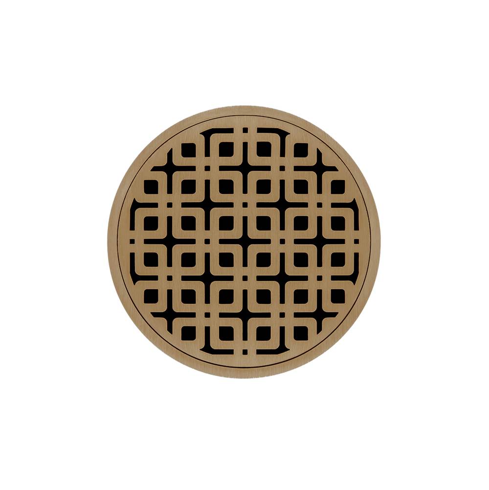 Infinity Drain 5'' Round RKDB 5 Complete Kit with Link Pattern Decorative Plate in Satin Bronze with PVC Bonded Flange Drain Body, 2'', 3'' and 4'' Outlet