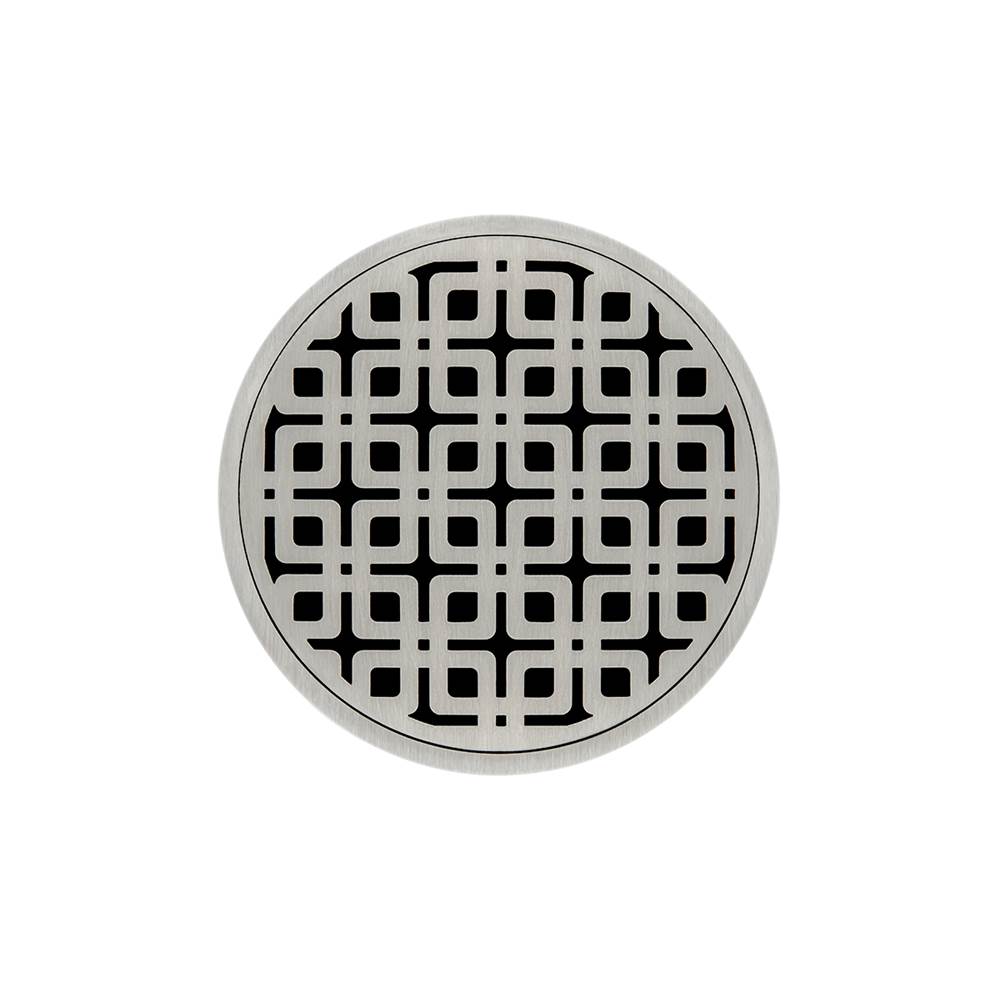 Infinity Drain 5'' Round RKDB 5 Complete Kit with Link Pattern Decorative Plate in Satin Stainless with PVC Bonded Flange Drain Body, 2'', 3'' and 4'' Outlet