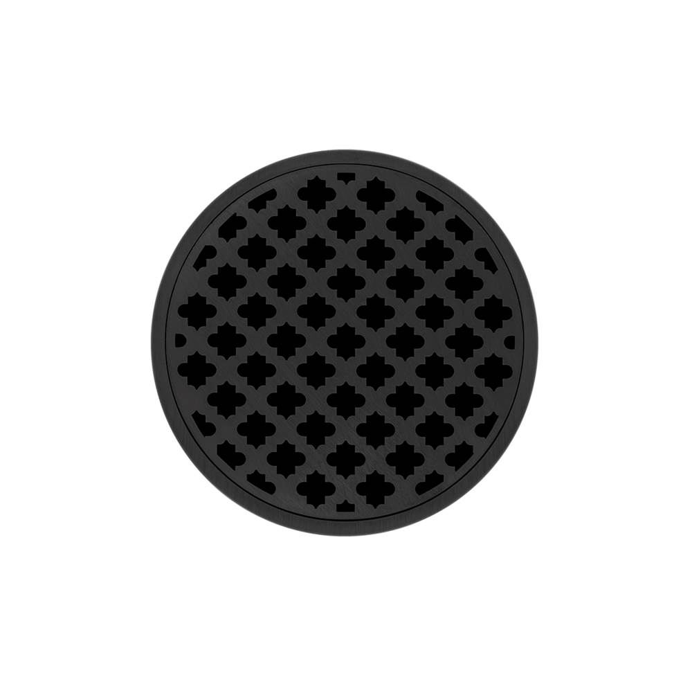 Infinity Drain 5'' Round RMDB 5 Complete Kit with Moor Pattern Decorative Plate in Matte Black with Stainless Steel Bonded Flange Drain Body, 2'' No Hub Outlet